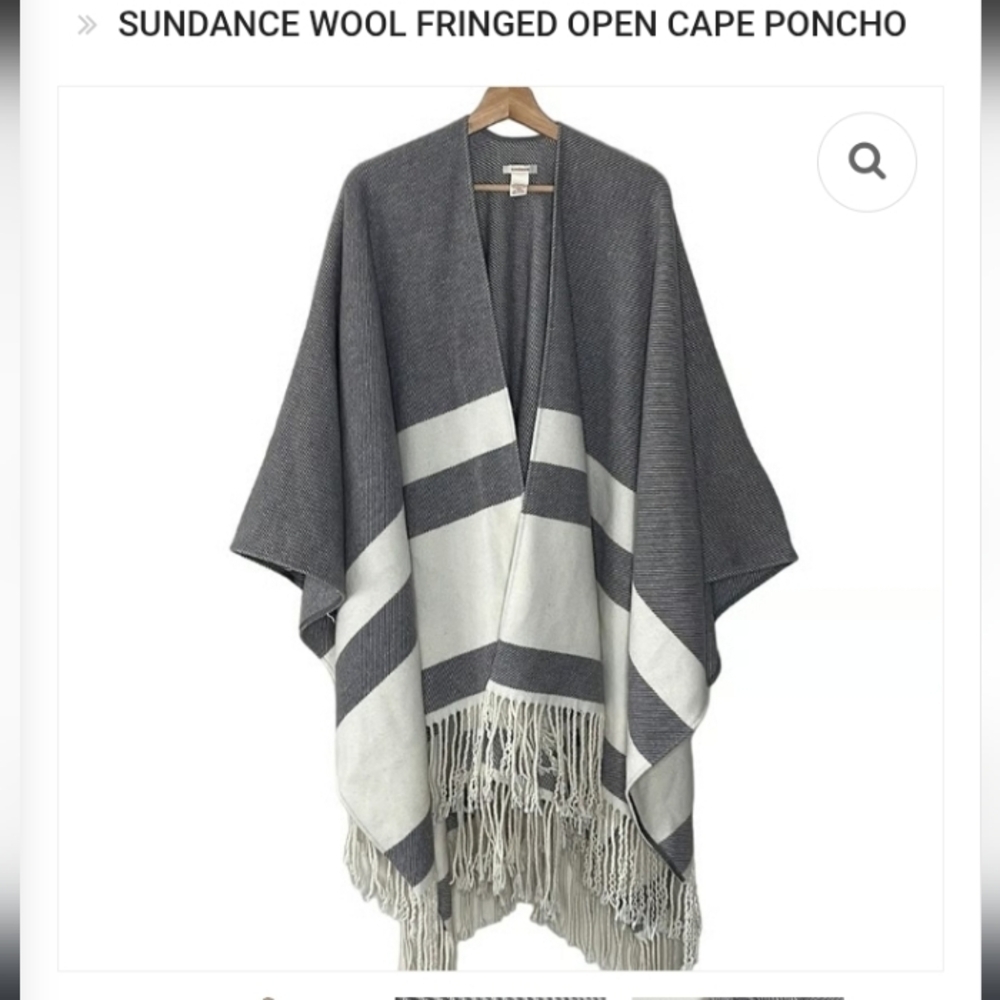 Sundance Western Gray White Striped Bohemian Luxe Classic Fringe Shawl Poncho L